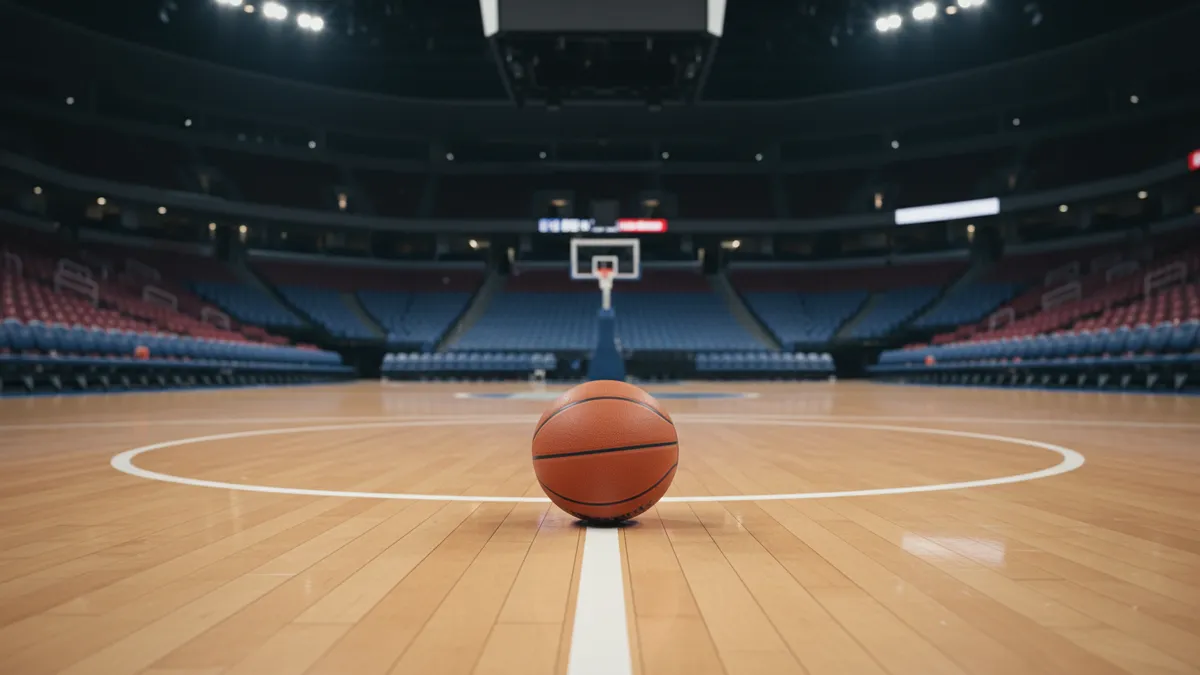 Un balón de baloncesto en el círculo central de la cancha NBA.