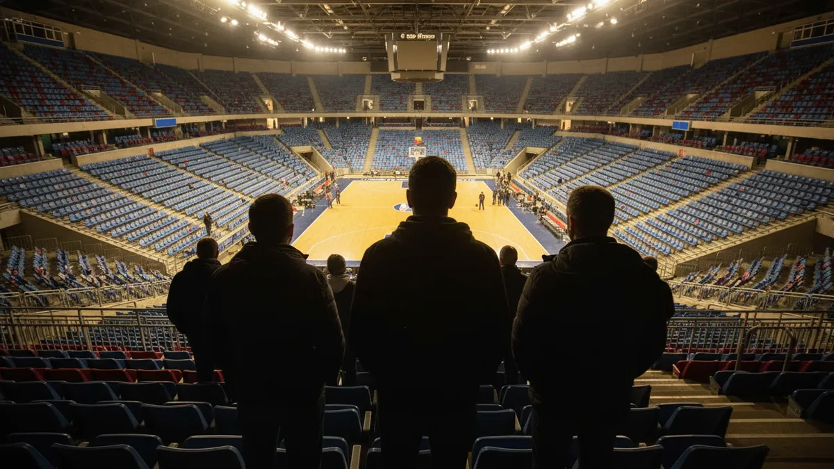 Espaldas de espectadores en un estadio de baloncesto, bajo las luces de la cancha de la NBA.