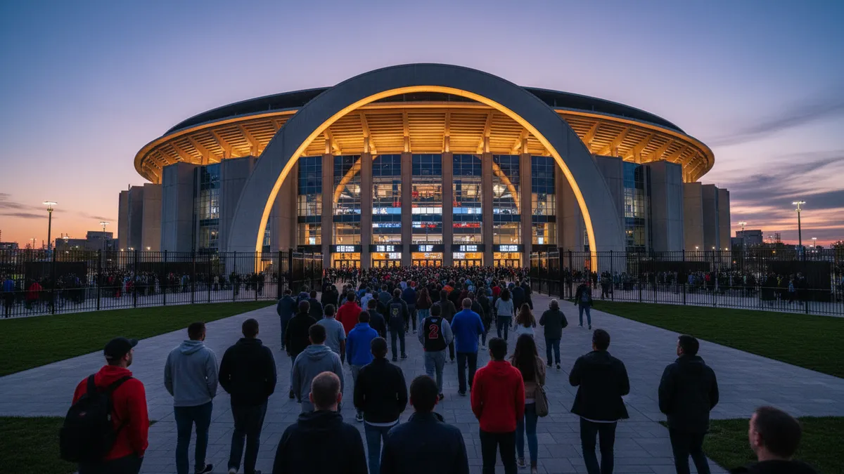 Aficionados de la NBA caminando hacia la entrada de la arena.