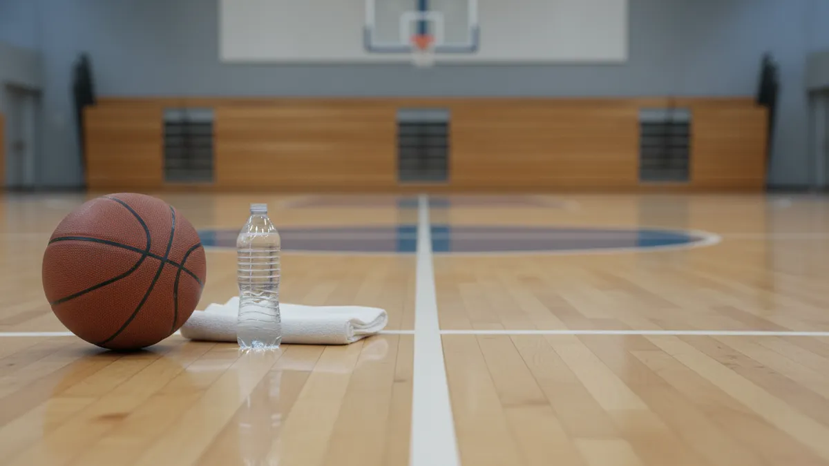 Balón de baloncesto, toalla y botella de agua en la cancha de la NBA.