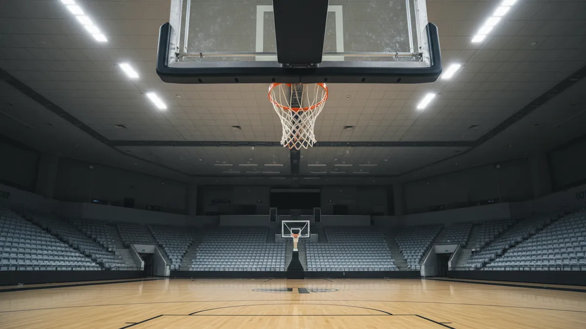 Canasta y tablero de baloncesto, vistos desde abajo, con luz difusa.