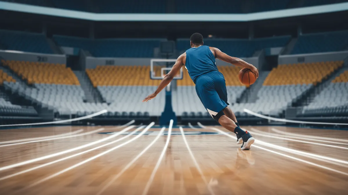 Un jugador de la NBA en acción, visto desde atrás en la cancha.