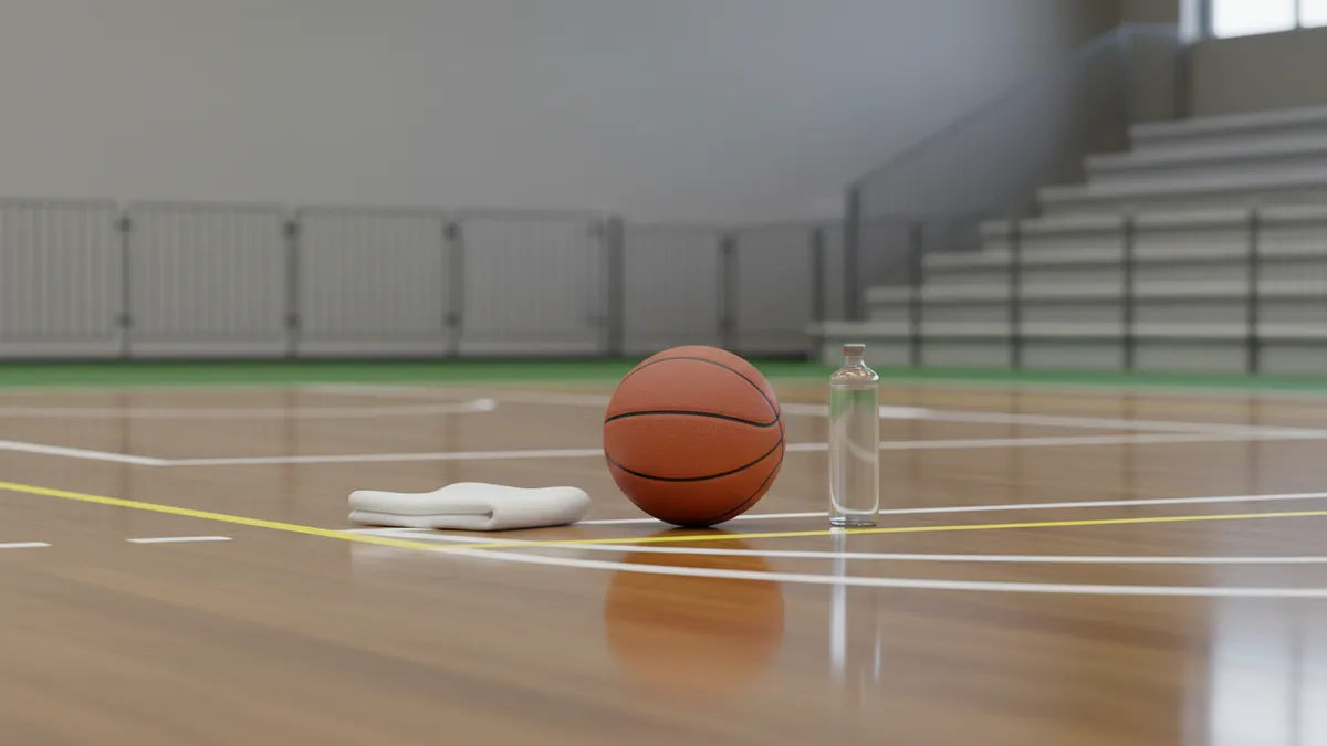 Baloncesto, toalla blanca y botella de agua en el parqué de la NBA.