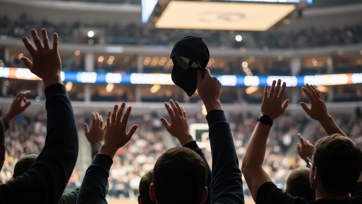 Manos de aficionados levantadas con una gorra, en un partido de la NBA