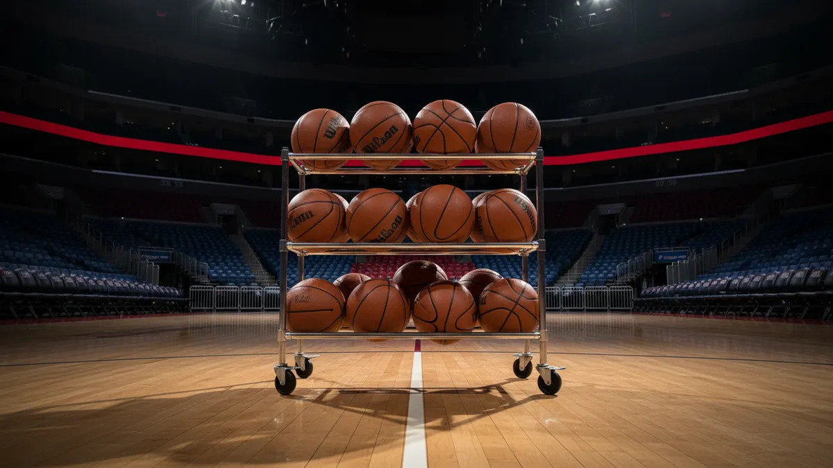 Un rack de balones de baloncesto al lado de una cancha NBA.