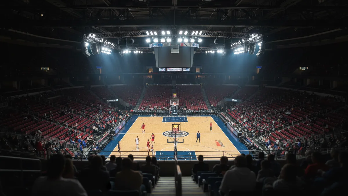 Luces brillantes de una cancha de baloncesto de la NBA, vistas desde arriba.