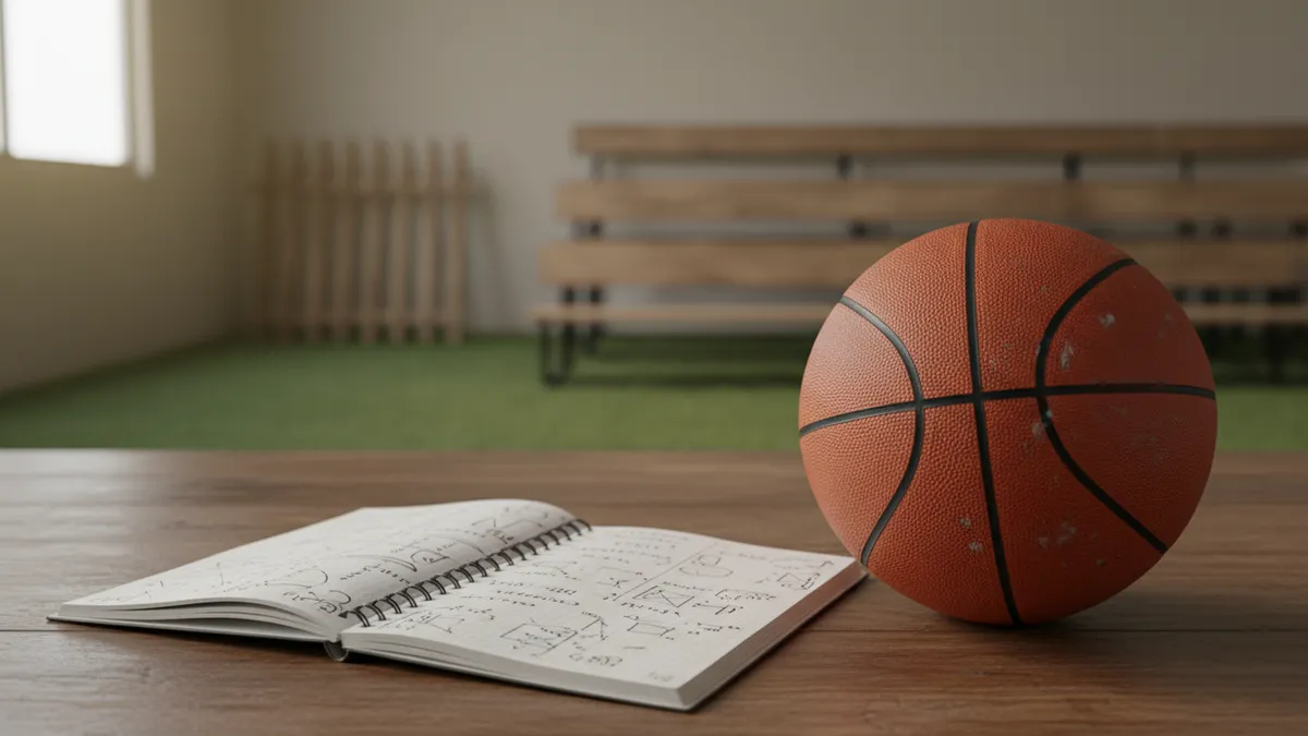 Un cuaderno con anotaciones a lápiz junto a un balón de baloncesto.