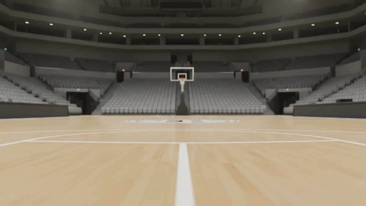 Cancha de baloncesto de la NBA iluminada, esperando a los jugadores.