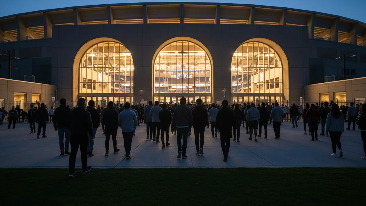 Aficionados de la NBA caminando hacia la entrada de la arena.
