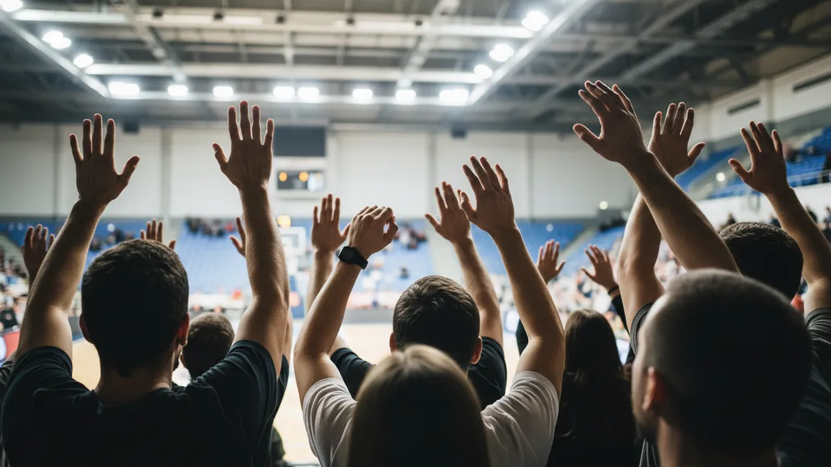 Manos de espectadores levantadas en un partido de la NBA.