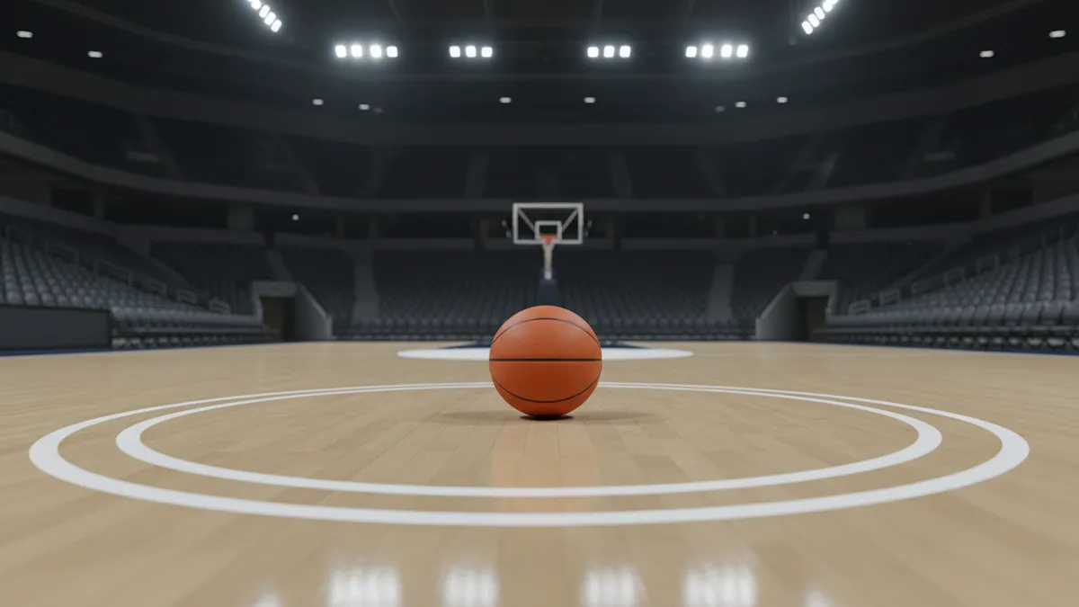 Un balón de baloncesto en el círculo central de una cancha de la NBA.