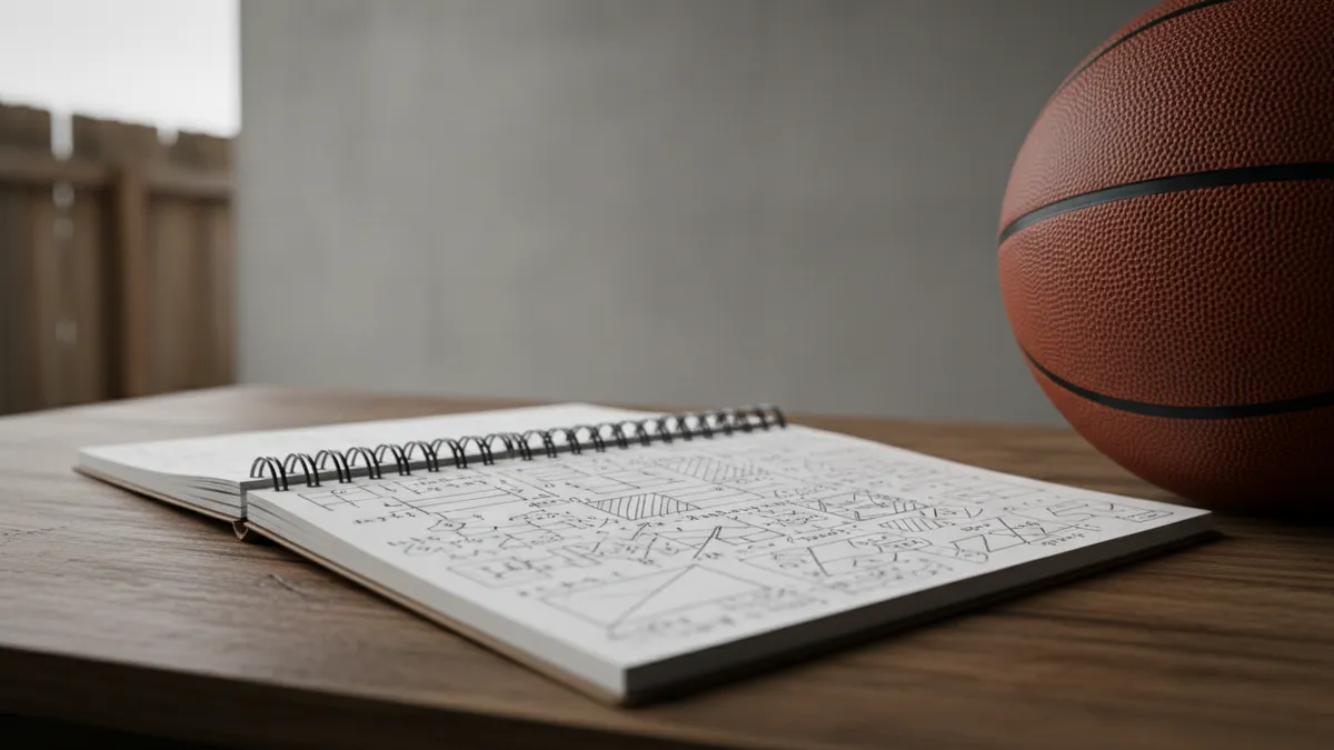 Cuaderno con anotaciones y un balón de baloncesto sobre una mesa, bajo luz tenue.