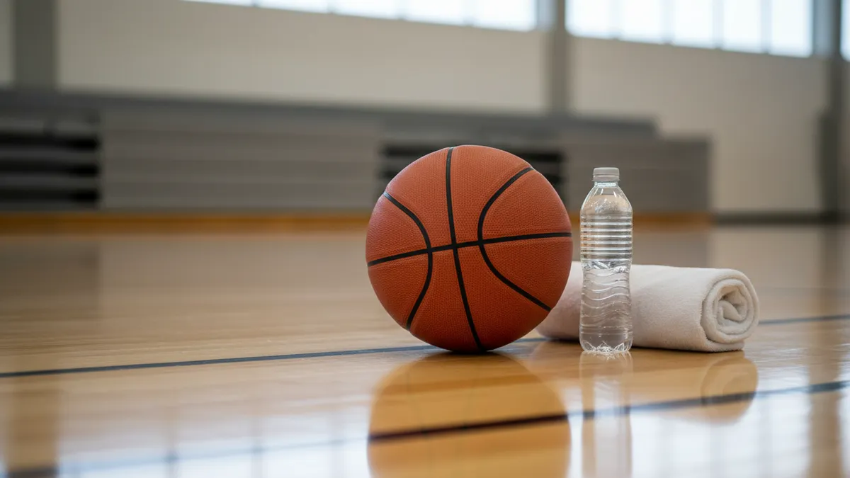 Balón de baloncesto, toalla y botella de agua en el suelo de la cancha de la NBA.