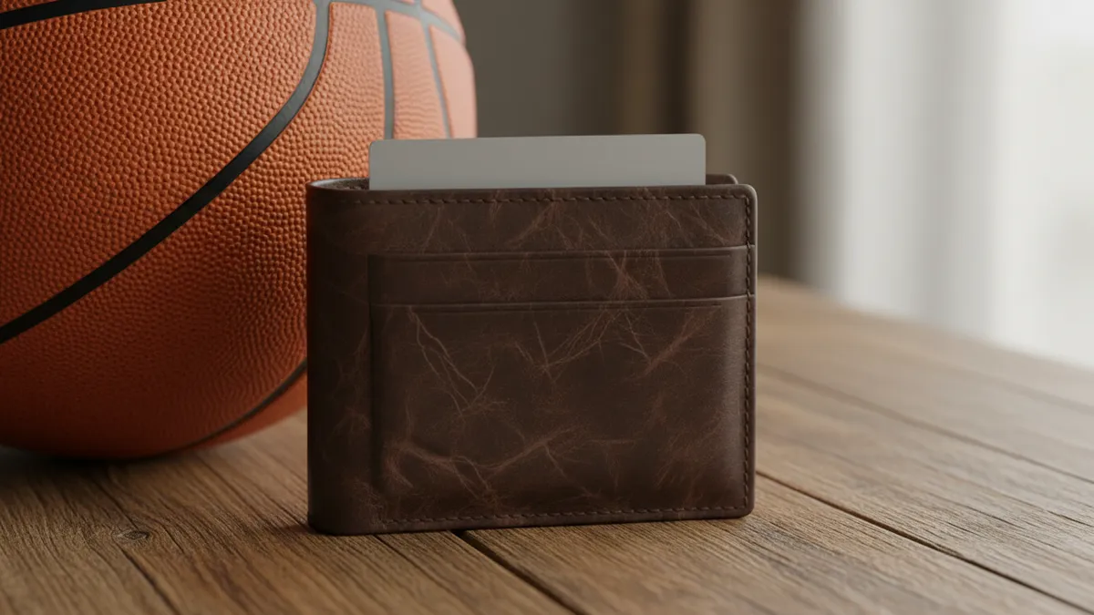 Billetera con tarjeta de banco y balón de baloncesto en una mesa