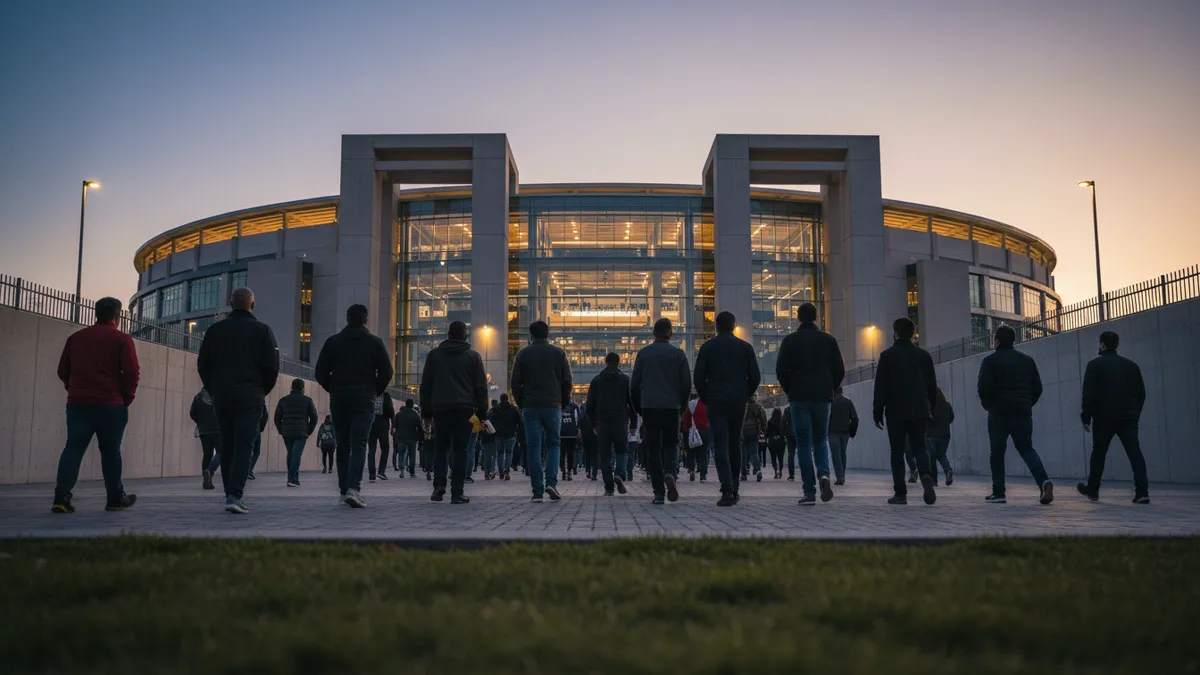 Aficionados de la NBA caminando hacia la entrada iluminada de una cancha