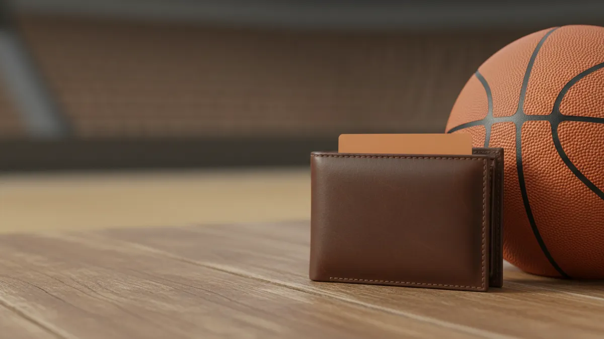 Billetera con tarjeta bancaria junto a un balón de baloncesto sobre una mesa