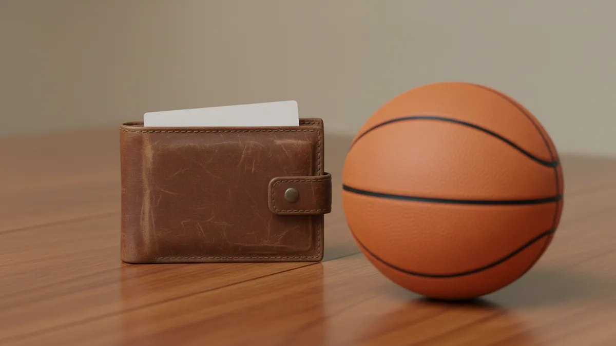 Billetera con tarjeta bancaria y un balón de baloncesto en una mesa de madera.