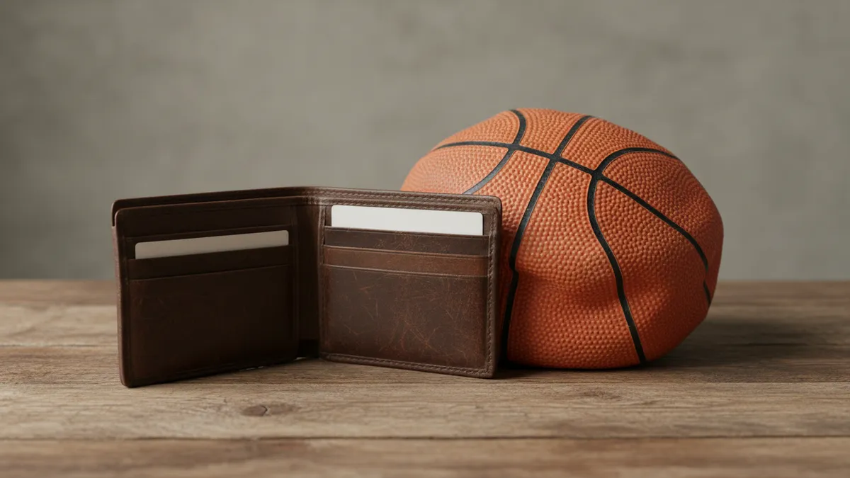 Billetera con tarjeta bancaria y un balón de baloncesto en una mesa.