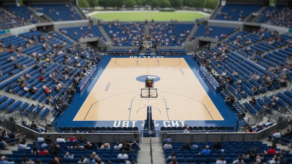 Cancha de baloncesto de la NBA y gradas repletas desde arriba.