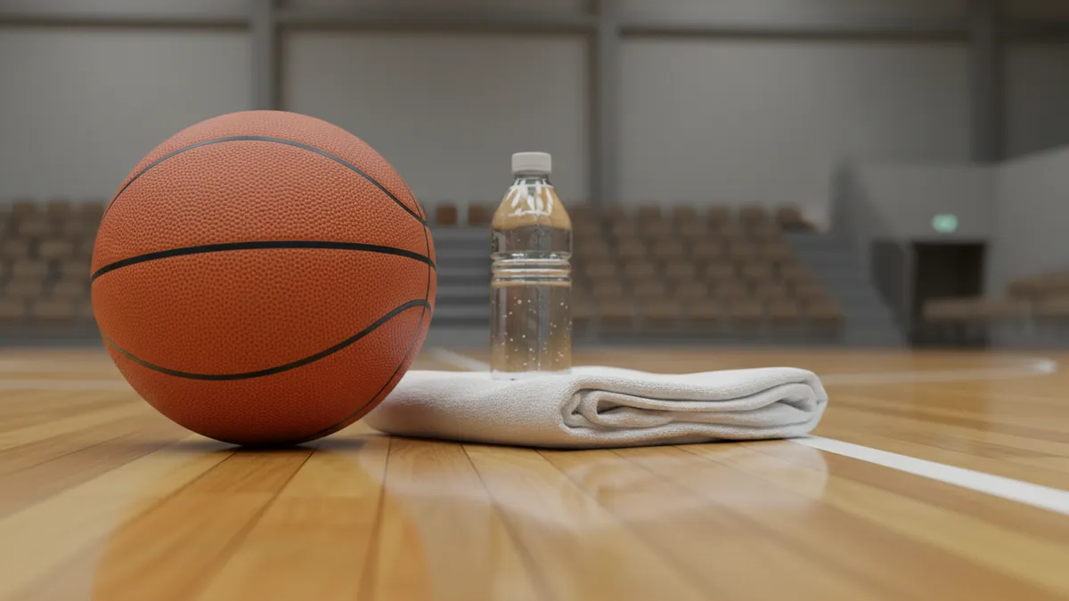 Balón de baloncesto, toalla y botella de agua en la cancha, luz suave.