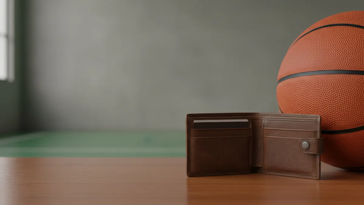 Cartera con tarjeta bancaria junto a un balón de baloncesto.
