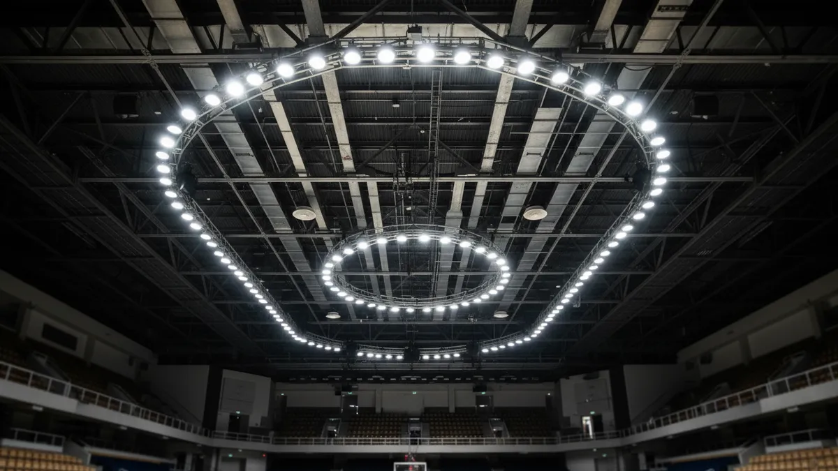 Luces de la cancha de baloncesto vistas desde la oscuridad de las gradas.